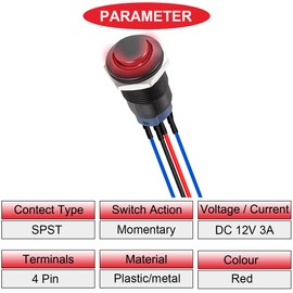 MKBKLLJY Momentary LED Push Button Switch Black Shell with Pre-Wiring IP65 Waterproof Push Button Switch SPST 2Position On Off with Red LED for Car Marine Boat Truck Equipment DIY Pack of 5