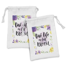 Ambesonne Lifestyle Fabric Pouch Set of 2, Live Life in Full of Blooms Words with Floral Violets Print, Small Drawstring Bag for Toiletries Masks and Favors, 9" x 6", Purple and Yellow