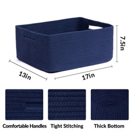 MiniArk Large Storage Baskets for Shelves, Closet Organizers Bins for Clothes Blanket Towels, Baby Nursery, Toy Baskets Box, Woven Rope Baskets, 17 x 13 x 7.5”, 3 Packs Navy Blue