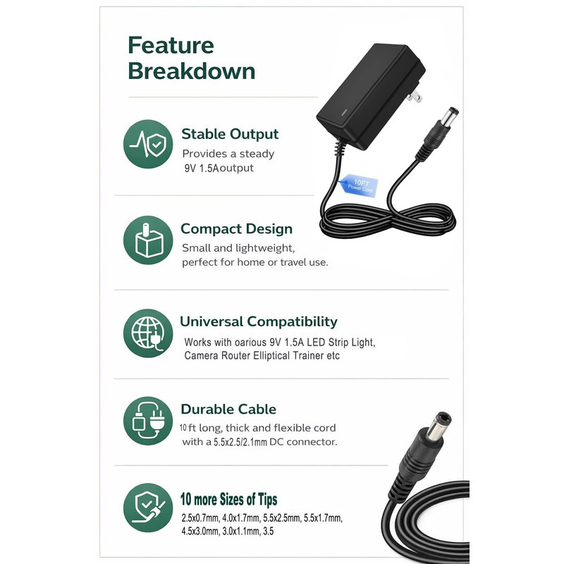 9V 1.5A 13.5W AC DC Power Supply Adapter 10ft Cord