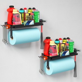 Lifewit Garage Paper Towel Holder with Shelf, Shop Towel Holder, Wall Mount Tool Rack with 4 Hooks&Phone Stand, Stick on Adhesive (Hold 19lbs) or Screws(44lbs) for Clean Station/Craft Room,2Pack,Black