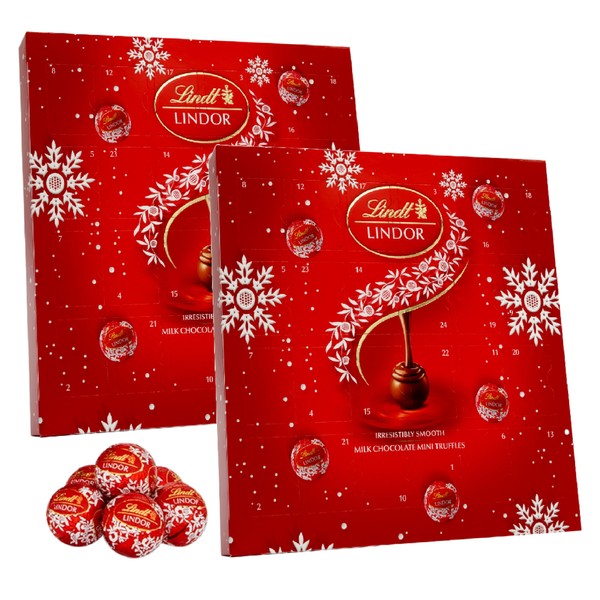 Lindt Milk Chocolate Advent Calendar 2023 - Pack of 2 x 109g Irresistibly Smooth Mini Truffles Desktop Calendar with Topline Card. Christmas Sweet Hamper for Secret Santa Gifts