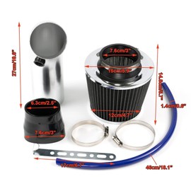 AUTOXBERT Full Set 3" 76mm Universal Car Cold Air Intake Filter Kit Alumimum Automobile Filter Induction Flow Hose Pipe Kit System Accessories (Black & Silver)