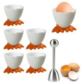 Esshogo Set of 6 Egg Cups and One Egg Opener, Cartoon Egg Stand, Egg Cups, Funny Egg Cups, Children's Breakfast Egg Cup Set, Plastic Egg Cup Set for Soft for Boiled Eggs