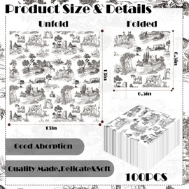 80 Sheets Vantage French Toile Paper Napkins, Disposable Countryside Horses, Bridges Trees Village Toile Napkins for Xmas Dinner Picnic Cocktail Birthday Party Supplies, 13 x 13 inches (Black)
