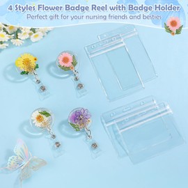 Jupwalz 4 Pcs Flower Badge Reel with Clear Badge Holder, Retractable Badge Clips – Convenient ID Card Nursing Badge Reel for Teacher Nurse Doctor Office Worker