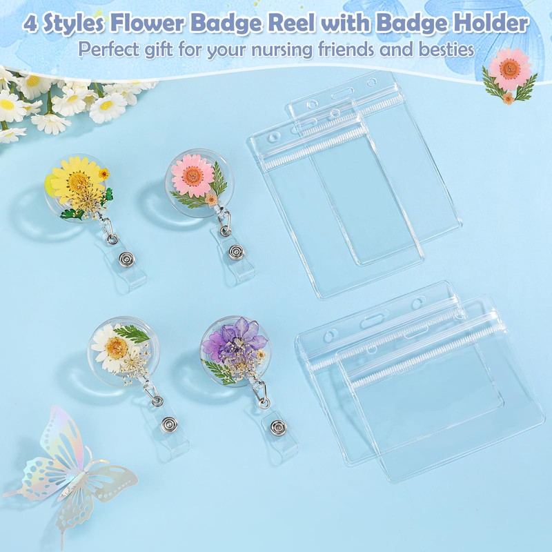 Jupwalz 4 Pcs Flower Badge Reel with Clear Badge Holder,