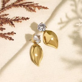 18K Gold Plating, White Cubic Zirconia Stud, Gold Water Drop Tear Drop Faux Diamond Earrings - Jewels by M&W Luxe Homes, Stainless Steel, Cubic Zirconia