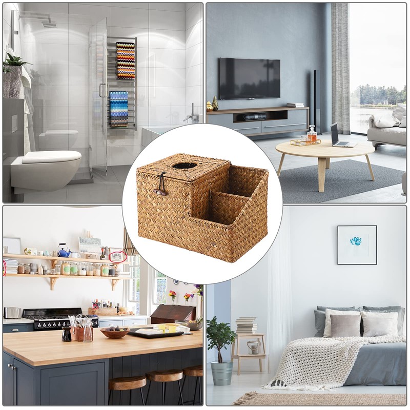 BTSKY Household Seagrass Facial Tissue Box With Two Side Storage
