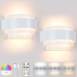 Lightess Battery Operated Wall Sconces Set of 2, Dimmable Sconce Wall Lights with Remote Control, Indoor Cordless Wall Lamp with Rechargable Bulbs for Bedroom Living Room, White