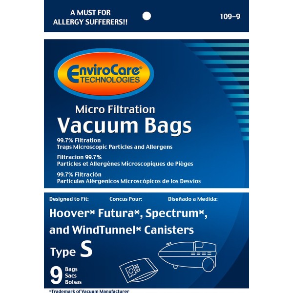 EnviroCare Replacement Micro Filtration Vacuum Cleaner Dust Bags made to fit Hoover Style "S" Futura, Spectrum, Power Max Vacuum Cleaners 9 pack
