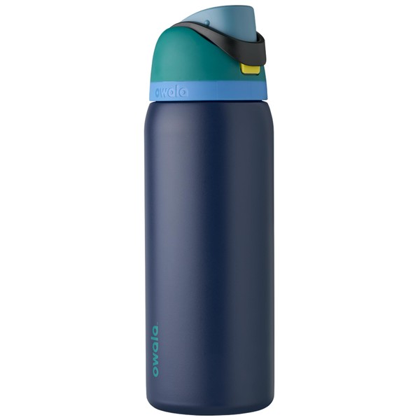 Owala FreeSip - Botella de agua aislada de acero inoxidable con pajita para deportes y viajes, sin BPA, 32 onzas, verde azulado/azul marino (crepúsculo náutico)
