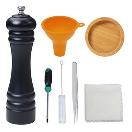Manual Wood Pepper Grinder - 15cm/6" Beechwood Mill, Stainless Steel Grinding Mechanism, Pepper Spice Refill Funnel, Wood Tray, Cleaning Brush, Towel Included (Plug, 15cm)