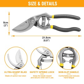 Hoteche Garden Shears 8.5 inches/215 mm – High-Quality Pruning Shears Made of 55# Carbon Steel, Forged and Polished – Yellow/Black Double Colour – Garden Shears from Professionals