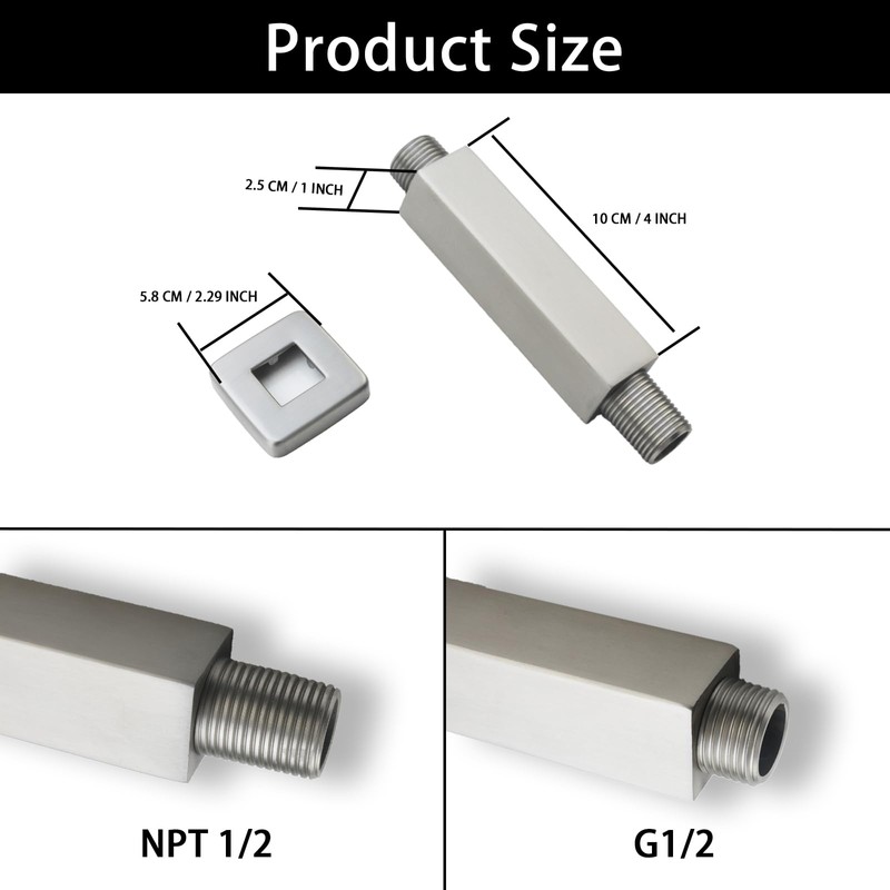 DEOLER Brushed Nickel Shower Arm with Flange, Square, 4 Inch,