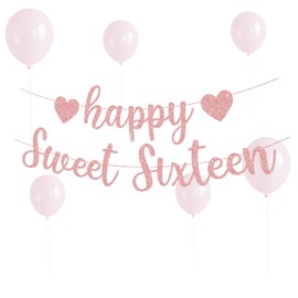 Happy Sweet Sixteen Birthday Banner Rose Gold Sweet Party Decorations, 16th Theme Happy Birthday Hanging Bunting, Girls Glitter Sweet Party Memorial Decoration Supplies