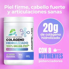 AMARTE LABS Péptidos de Colágeno Hidrolizado Grass-Fed | 20 g por porción | Piel, Cabello, Uñas y Articulaciones | Ácido Hialurónico + Vitamina C + Biotina + Zinc | 600 g (30 Porciones) | Sabor Neutro