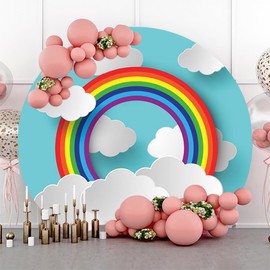 Renaiss 7x7ft Rainbow Round Backdrop Cover for Photoshoot Boy Girl Baby Portrait Paper Cutting Style Clouds Blue Sky Circle Photography Background Baby Shower Birthday Party Decor Photo Booth Prop