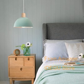 iDEGU Retro Pendant Light Modern Half Style Ceiling Light E27 Wood Metal Pendant Lamp for Bedroom Dining Room Kitchen Diameter 20 cm (Green)