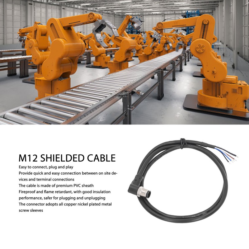 M12 Connector Cable 4 Pin Shielded Right Angle Waterproof Aviation