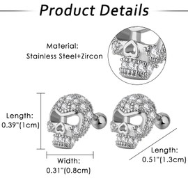 Aroncent Skull Stud Earrings Piercing Ear Men's Earrings Thor's Hammer Earrings Jazz Punk Rock Hip Hop, Stainless Steel