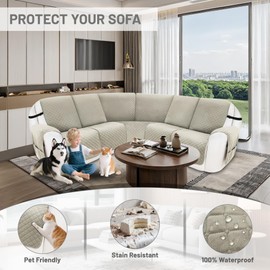 SYJOVIA Reclining Sectional Couch Covers 100% Waterproof Velvet L Shape Recliner Sofa Cover for Dogs Pets Washable Anti Slip Recliner Slipcovers with Pockets (5 Seat Sofa, Light Gray)