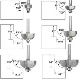 Akylin 6pcs Cove Router Bit Set,1/4" Shank,Radius 1/8",3/16",5/16",3/8",7/16", and 1/2",Cove Edging Cutter for Wood Edge Profiling,Molding