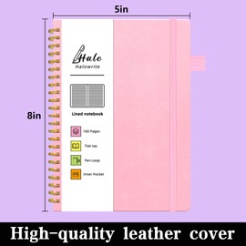 Spiral Notebook, Spiral Lined Journal Notebook for Women, 6"x8.5", Halowrite Hardcover Journal with Pen Loop, Pocket, 160 Pages,100 GSM Thick Paper (Pink)