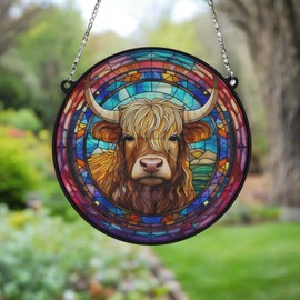 Image Industry Highland Cow Stained Glass Effect Suncatcher - Garden Gift - Animal Lovers - Highland Lovers (19cm)
