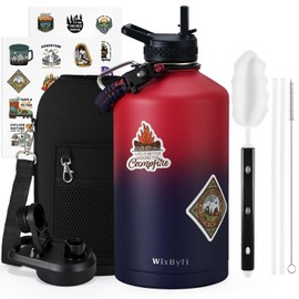 WixByti One Gallon Water Bottle Insulated, Triple Wall Vacuum Cold for 48 Hrs & Leak-proof & Non-BPA, 128oz Large Sports Stainless Steel Water Jug with Paracord Handle Straw Spout Lids & DIY Stickers
