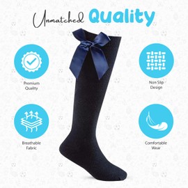 reshmena® 3 Pairs Girls Knee High School Cotton Socks with Fluffy Ribbons Bow, Back to School Sock's Uniform Party Comfort Fit Long Socks Stocking Girls Knee High Kids School Sock Size 12-3 Navy KHB