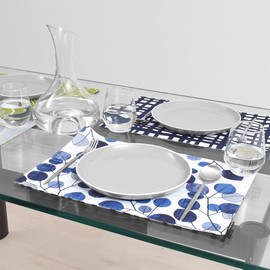 Placemats, Set of 2, 100% Cotton (11.8 x 17.7 inches (30 x 45 cm), Reversible Type, Navy Leaf