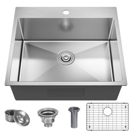 25 x 22 Inch Drop In Single Bowl Kitchen Sink Topmount 18 Gauge Stainless Steel Kitchen Sink with Grid and Basket Strainer