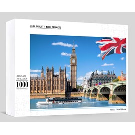 Wooden Jigsaw Puzzles for Adults 1000 Pieces Puzzle-Big Ben and Houses of Parliament with Boat in London UK