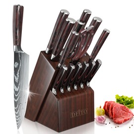 Dfito Knife Block Set,15 PCS Knife Set with Block and Sharpener,High Carbon Stainless Steel Sharp Blade Kitchen Knivies Set with Ergonomic Handle,Steak Knives with Block,Dishwasher Safe Knife Set