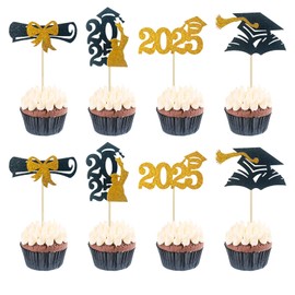 Bekecidi 24Pcs Gold Graduation Cupcake Toppers, Graduation Cap Non-Edible Cupcake Toppers for Party Decorations,4 Designs for 2025 Celebration