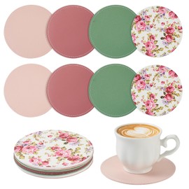 Handship Drink Coasters Set of 8, Vintage Flowers Round Leather Coasters Mixed Color Cup Mats Dual Sided Coaster for Coffee Table, Tabletop Protection, Home, Kitchen, Office Desk Decorations