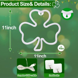 2 Pack 11 Inch St Patricks Day Decorations Shamrock Neon Lights, Green Decor Clover Window Lights with 2 Hooks, USB Powered St. Patrick's Day Lighted Shamrocks for Party Wall Bedroom Indoor Outdoor