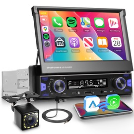 Wireless Carplay Single Din Car Stereo Touchscreen Android Auto, 7‘’ Flip Out Screen Car Stereo with Bluetooth Car Audio Receivers, FM/AMRadio, Backup Camera/Mirror Link/USB/AUX/Type-C Fast Charging