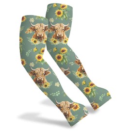 FISHEAL UPF 50+ Farming Sun Sleeves with Highland Cattle Pattern, Anti-Scratch & Thorn Proof, Cooling Arm Covers Gardening for Women Men