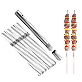 16.2" Kabob Skewers for Grilling with Push Bar Double Pronged Anti-Roll Flat BBQ Skewers for Grilling Stainless Steel Reusable Kebab Skewers for Meat Chicken Veggie (30, 15.1Inch)