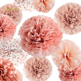 NICROLANDEE Wedding Decorations - 12 PCS Rose Gold Burnt Coral Tissue Paper Pom Poms for Wedding Birthday Bridal Shower Bachelorette Baby Shower Ceiling and Party Backdrop Decor