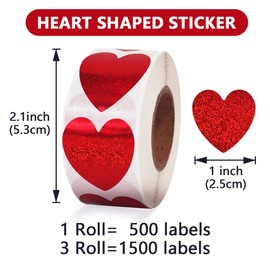 Vuzvuv 1500 Labels Glitter Red Heart Stickers, 1 inch Sparkling Cute Adhesive Heart Stickers for Wedding Anniversaries,Envelopes Seal & Small Business Packaging(3 Rolls 500 pcs per roll)
