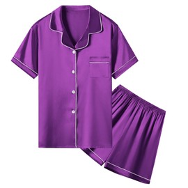 Umeyda Girls Satin Pajamas Set, PJS Short Sleeve Button-Down Top + Shorts Sleepwear Loungewear 2 Pieces Pajamas Set for Little & Big Girls, Purple, 7-8 Years