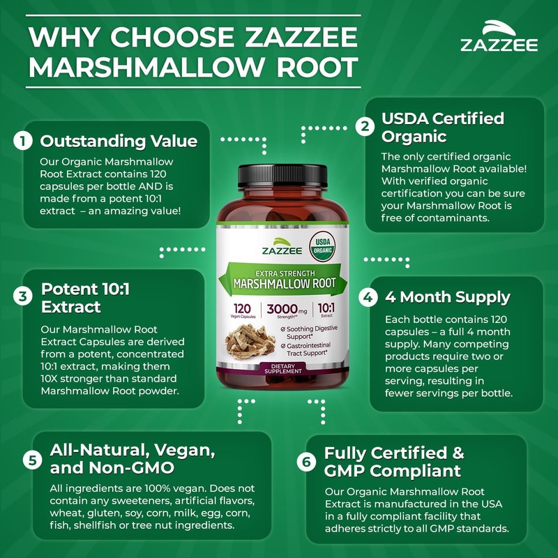 Zazzee USDA Organic Marshmallow Root 10:1 Extract, 3000 mg Strength,