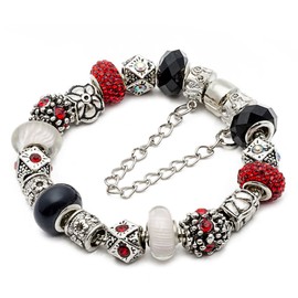 RUBYCA Silver Tone European Charm Bracelet 7.9" Black & Red Murano Glass Beads Jewelry Making Kit 2