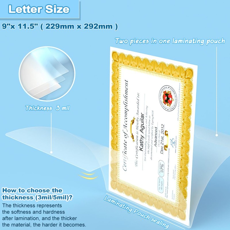 Laminating Pouches 9 x 11.5, 3 Mil Laminating Sheets 200