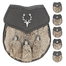 AAR Mens Semi Dress Formal Sporran Brown Rabbit Fur 3 Tassels Free Leather Belt Chain,Stag Head,One Size