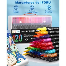 Marcadores Doble Punta IFORU 120 Colores Plumones Punta Pincel Kit Escolar                                                                            