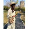 Summer Straw Bag for Women Pearl Flower Bucket Tote Bag